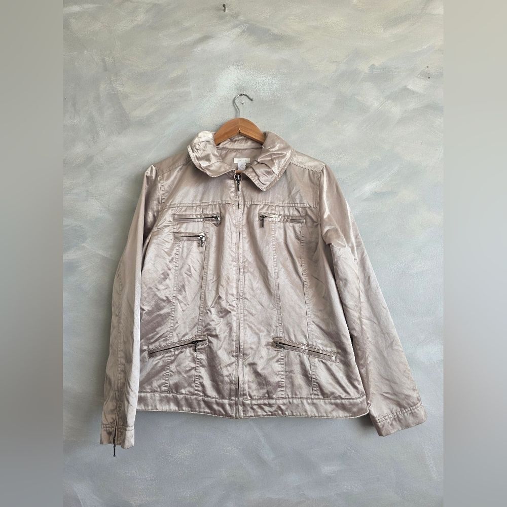 Chico's Kori Champagne Metallic Sateen Full Zip Jacket Sz 2/L Moto